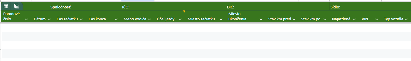 Elektronická kniha jázd v tabuľke s evidenciou trás, kilometrov a údajov o vozidle.