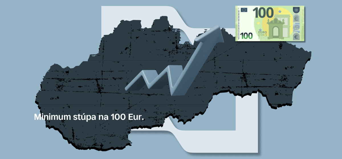 Mapa Slovenska so šípkou rastu a 100 eurovou bankovkou ako symbol minimálnej pokuty 100 eur.
