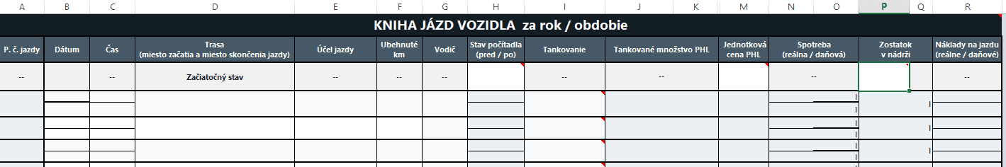 Ukážka elektronickej knihy jázd vo formáte Excel od Finea