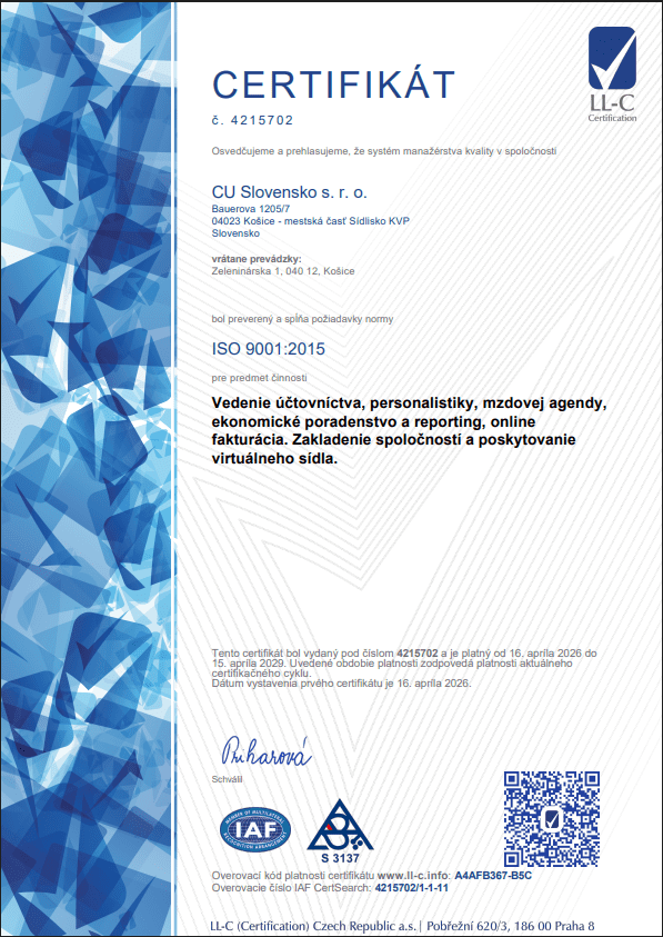Certifikát ISO 9001:2015 pre Finea v Košiciach pre účtovníctvo, personalistiku, mzdovú agendu a ekonomické poradenstvo